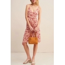 Summer Fashion Women's Sexy V-Neck Sleeveless Floral Printed Pull Up Side Midi Cami Dress For Women