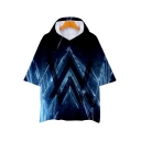 Short Sleeve Hooded Blue Double Letter W Print Loose Casual T-Shirt