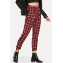 Hot Fashion Plaid Check Printed Exposed Zip Fly Capri Carrot Pants Trousers for Women