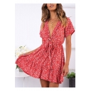Summer Red Floral Printed Knotted V-Neck Short Sleeve Ruffled Mini A-Line Dress