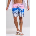 Summer Fashion Blue and Pink Pattern Drawstring Waist Fast Dry Beach Board Shorts for Men