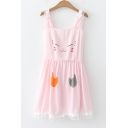 Girls Summer Lovely Cartoon Cat Printed Lace-Trim Mini A-Line Cami Dress