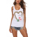 Women's Summer Fashion Heart Drink Printed Scoop Neck Sleeveless Basic White Tank Top