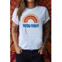 Rainbow Printed GOOD VIBES Letter White Round Neck Short Sleeve Tee