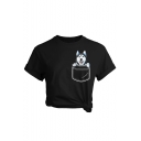 Women's Summer New Trendy Siberian Husky Pocket Dog Print Short Sleeve Casual Black T-Shirt