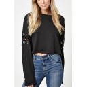 Unique Eyelet Lace-Up Long Sleeve Round Neck Cropped Casual Loose T-Shirt