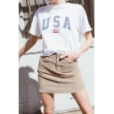Summer Street Style Vintage Flag Letter USA Print Basic White T-Shirt for Women