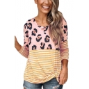 New Trendy Leopard Striped Round Neck Long Sleeve Tied Hem Loose Fit T-Shirt