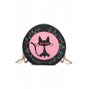 Cute Cartoon Cat Leaves Printed Black and Pink Round Crossbody Bag 20*7*20 CM