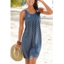 Women's New Trendy Blue Boho Print Scoop Neck Sleeveless Mini Holiday Dress