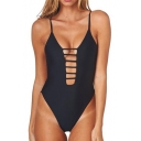 Womens New Trendy Cutout Strappy Solid Color High Leg Black One Piece Swimsuit