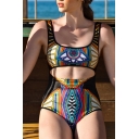 New Fashion Ethnic Style Totem Printed Scoop Neck Cutout Front One Piece Swimsuit for Women