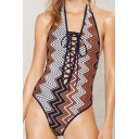 New Trendy Womens Zigzag Striped Printed Halter Neck Lace-Up Front One Piece Swimsuit Swimwear