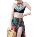Fashion Ethnic Style Tribal Printed Cami Top Beach Three Pieces Bikini Swimwear