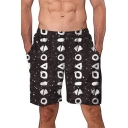 Mens Unique Pattern Elastic Printed Black Beach Shorts Board Shorts
