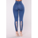 Women's High Rise Stretch Fit Chic Lace-Up Back Dark Blue Super Skinny Fit Jeans