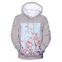 New Fashion Floral Pattern Long Sleeve Grey Pullover Hoodie