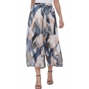 Summer Boho Style Fashion Colorblock Womens Blue Tied Front Breathable Cropped Wide-Leg Pants