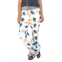 Summer Women's Trendy Drawstring Waist Allover Pineapple Print White Baggy Palazzo Wide-Leg Pants