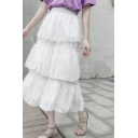Girls Summer Sweet Tassel Hem Maxi Tiered Ruffle A-Line Gauze Skirt