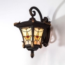 Vintage Style Lantern Shape Wall Light Metal and Stained Glass Colorful Sconce Lamp for Front Door