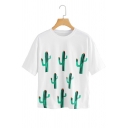 Cactus Printed White Round Neck Short Sleeve Basic T-Shirt