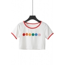 Women's Cute Smile Face Printed Color Block Round Neck Short Sleeve Cropped Cotton White Tee