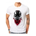 Men's Cool Robber Dog Printed Basic Round Neck Short Sleeve Cotton White T-Shirt