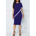 Sexy Hot Style Round Neck Short Sleeve Hollow Out Plain Print Stripes Side Slim Fit Midi Pencil Party Dress