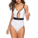 Womens Popular Colorblock V-Neck Cut Out White One Piece Swimsuit