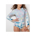 Womens Fashion Geometric Pattern Round Neck Long Sleeve Zip Back Surf Rash Guard One Piece Swimsuit