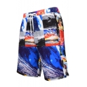 Guys Cool Blue Wave Pattern Drawstring Waist Beach Swimwear Swim Trunks with Liner