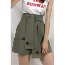 Girls Summer Fashion Solid Color Unique Tied Waist High Rise Straight Fit Wide Leg Military Shorts