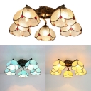 Tiffany Style Dome Ceiling Fixture 5 Lights Clear/Yellow/Blue Glass Semi Flush Mount Light