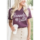 New Simple HANNELS AND LATTER Letter Pattern V-Neck Short Sleeves Casual Purple Tee For Girls
