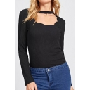 Sexy Simple Plain Halter Long Sleeve Slim Black T-Shirt For Women