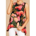Summer Womens Chic Floral Printed Round Neck Sleeveless High Low Hem Casual Tank Top
