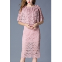 Women's New Trendy Simple Plain Half Sleeve Round Neck Lace Cut Out Midi Pencil Dress