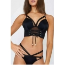 Fashion Black Lace-Up Hollow Out Spaghetti Straps Mesh Insert Bikini Swimwear