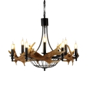 9 Lights Candle Chandelier with Deer Horn Decoration Rustic Style Resin and Metal Hanging Light in Black
