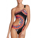 Ethnic Style Fashion Pattern One Shoulder Sexy Cutout Womens One Piece Swimsuit in Black