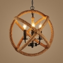 Globe Shape Dining Room Pendant Lighting Rope and Metal 3 Lights Traditional Chandelier in Beige