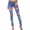 Womens High Waist Distressed Ripped Hole Straight Fit Blue Jeans