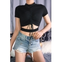 Summer Girls Sexy Hollow Out High Neck Short Sleeve Drawstring Ruched Cropped Black T-Shirt
