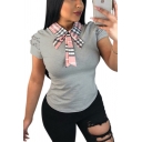 New Trendy Plaid Bow-Tied Collar Short Sleeve Slim Fit T-Shirt for Women