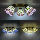 3 Lights Ceiling Mounted Light Rustic Style Beige/Blue/Pink Glass Flush Mounted Light for Stair