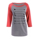 Women's Unique Diagonal Marker Arrows Printed Round Neck Three-Quarter Sleeve Color Block T-Shirt