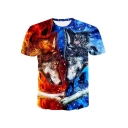 Men's Hot Fashion 3D Red and Blue Wolf Printed Color Block Round Neck Short Sleeve Casual T-Shirt