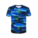 New Trendy Funny 3D Fish Printed Basic Round Neck Short Sleeve Dark Blue T-Shirt For Men