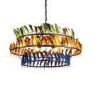 Restaurant Cafe 3-Ring Ceiling Lamp with Colorful Feather 6 Lights Rustic Style Chandelier